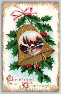 Christmas Greetings~Winter Lake Cabin In Bell W/ Holly~Emb~Vintage Postcard