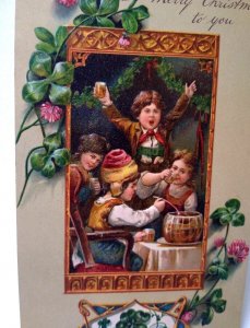 Christmas Postcard Irish Children Drinking Embossed Shamrocks Germany PFB 7113