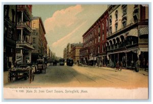 c1905 Main Street From Court Square Trolley Wagon Town Springfield MA Postcard