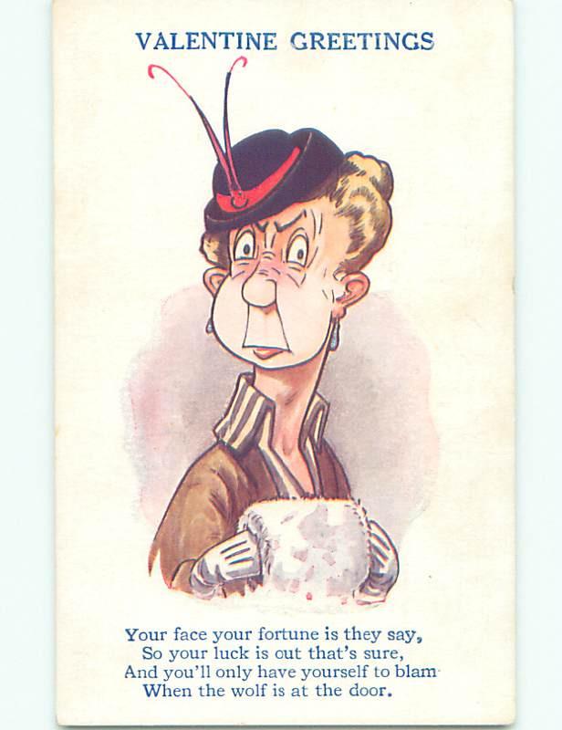 Unused Bamforth valentine WOMAN WITH HAT AND MUFF HAND WARMER J3833