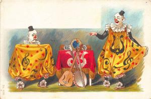 Two Clowns Perform Music Instruments Early #6508 Postcard