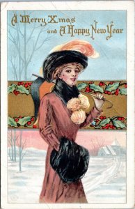 Postcard Christmas New Year J. Herman - Woman in coat and hat with banner