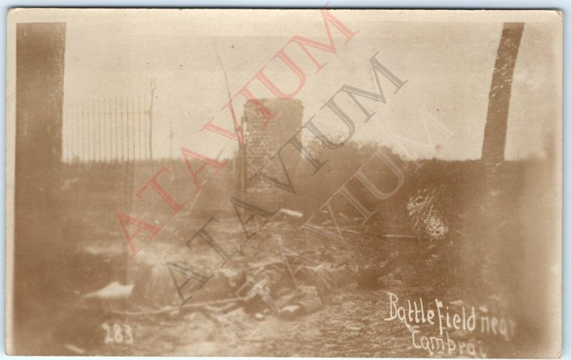 c1917 WWI RPPC Battlefield Near Cambrai, France Ruins War Casualties Photo A161