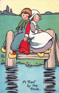 Maid Farm Uniform Girl Romantic A Rest By The Pond Romance Cute Old Postcard