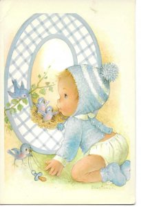 0 years baby and birds by Constanza Modern Spanish, artist signed postcard