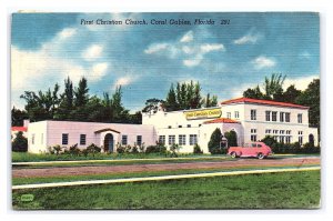 Postcard First Christian Church Coral Gables Florida c1954 Antique Automobile