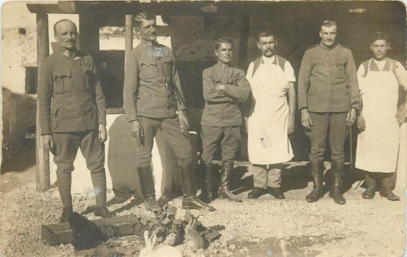 WORLD WAR ONE Real photo postcard military chefs soldiers uniforms rabbits