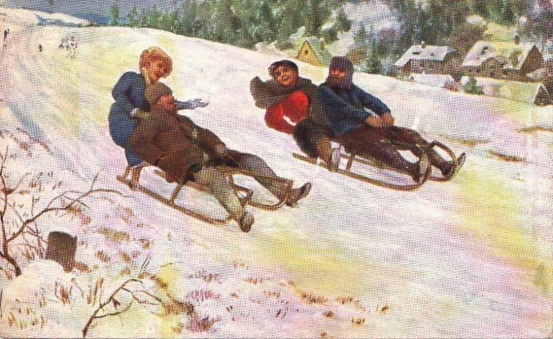 Postcard Art Kids Sledding 1908