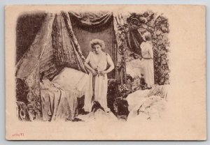 Risque Woman Dressing Bedroom Scene With Reflection In Mirror  Postcard L21