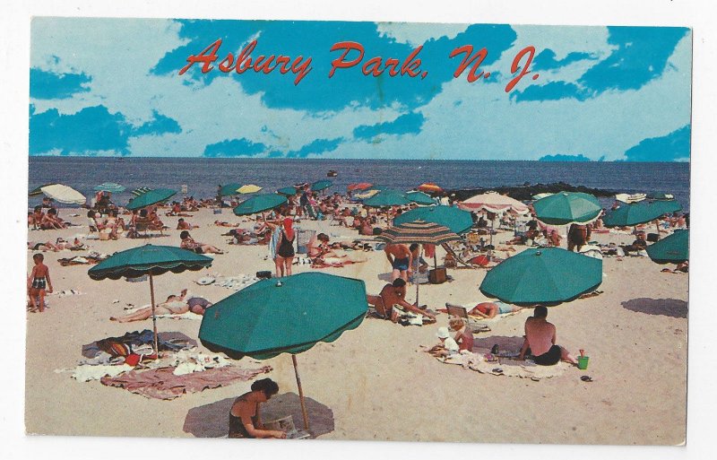 Asbury Park NJ Beach Umbrellas Bathers Blankets Ocean Vntg American Postcard Co