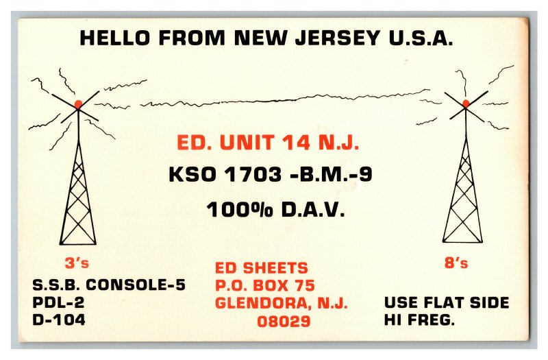 Postcard QSL Radio Card From Glendora N.J. New Jersey KSO 1703