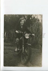 3177090 Soviet Woman on MOTORCYCLE Old Real PHOTO