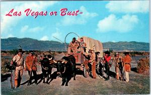 LAS VEGAS, NV Nevada  :LAS VEGAS or BUST   COVERED WAGON MT MEN c1960sPostcard