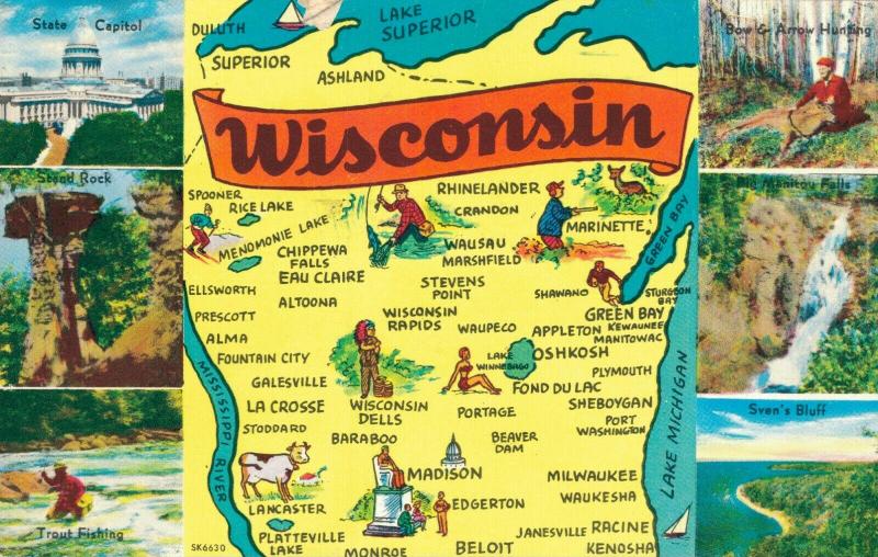 USA Wisconsin Map postcard 01.89