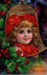 C. 1910 Lovely Girl Bell Berries Holly Ribbons Christmas Vintage Postcard P219