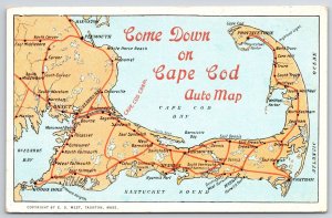 Come Down On Cape Cod Auto Map & Pilgrimland Massachusetts Tourist Map Postcard