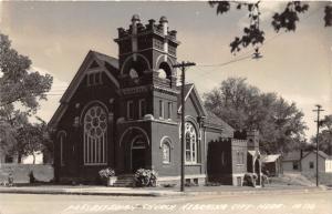 Nebraska City Nebraska~Presbyterian Church~Majestic Bldg~Boy w Dog~1940s RPPC