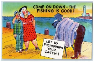 c1930's Camera Man Taking Photo Let Us Photograph Your Catch Fat Woman Postcard