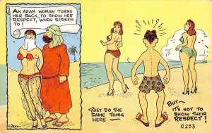 Risque Comic An Arab Woman... Bathing Beauties Beach ca 1940s Vintage Postcard