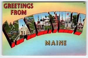 Greetings From Waterville Maine Large Big Letter Postcard Linen Unused Town View