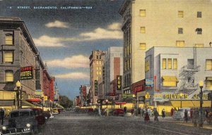 K Street Scene SACRAMENTO, CA Clunie Hotel Neon Signs c1940s Vintage Postcard