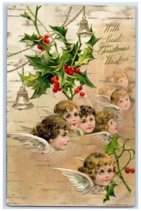 1907 Christmas Angles Head Ringing Bells Holly Berries Winsch Back Postcard