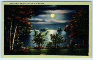 2 Postcards GREETINGS from SAN JOSE, California CA ~ ca 1940s MOONLIGHT SCENES