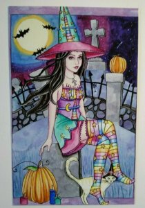 Halloween Postcard Nikki Burnette Graveyard Witch Cat Kamaria 2012 Limited To 35 