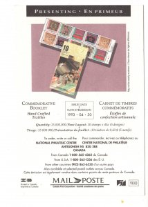 Canada Post, 1993, Commemorative Stamp Booklet, Hand Crafted Textiles