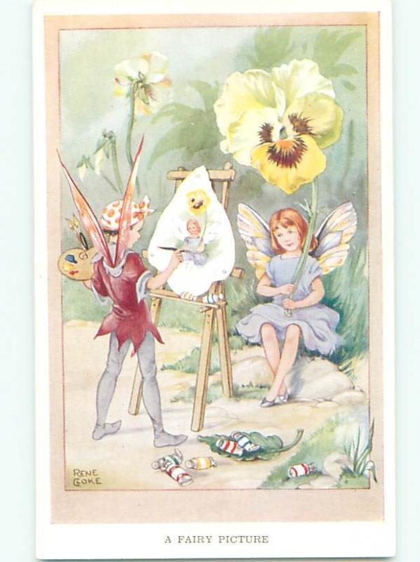 Pre-Linen signed RENE CLOKE - FAIRY ANGEL HOLDING PANSY FLOWER AC1456