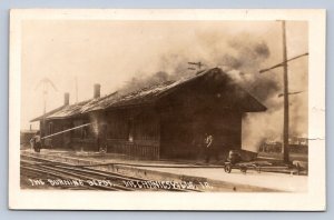 J96/ Mechanicsville Iowa RPPC Postcard c10 Railroad Depot Disaster Fire 344