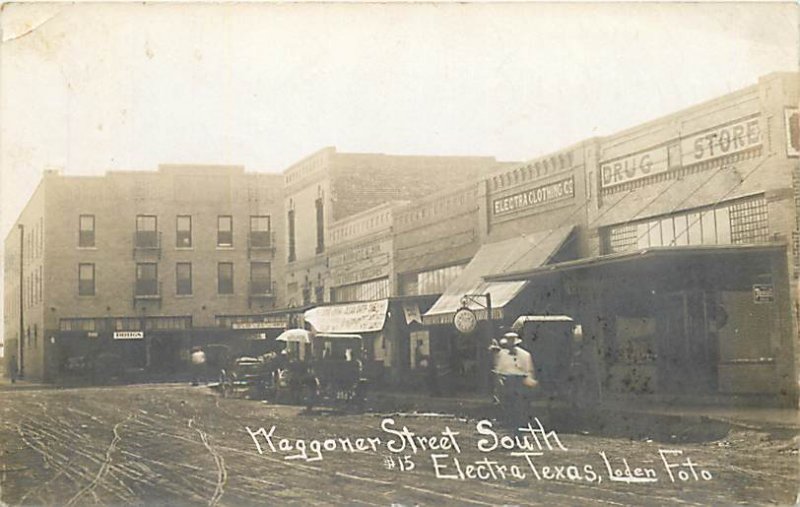 TX, Electra, Texas, RPPC, Waggoner Street, South, Storefronts, 1912 PM