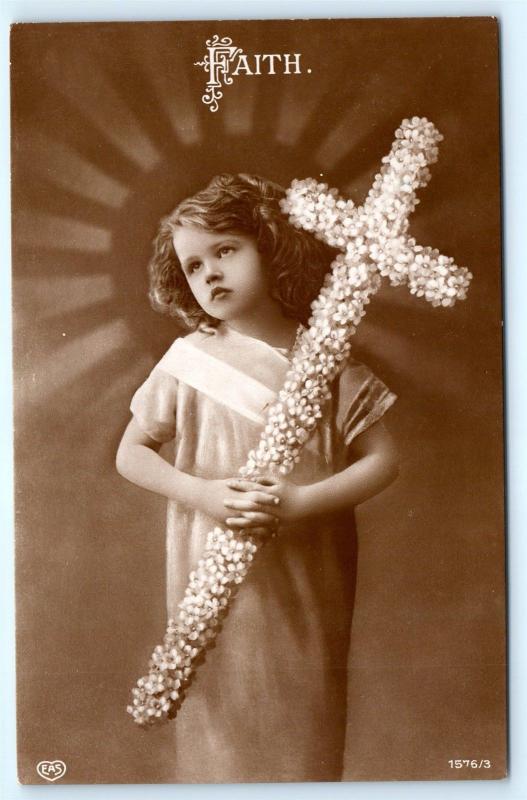 Postcard Faith Girl Flower Cross RPPC EAS Real Photo L17