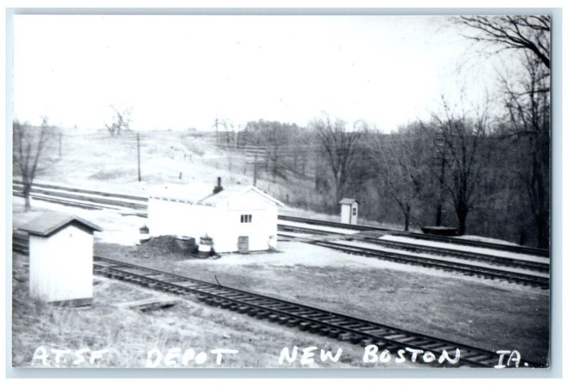 c1960 ATSF New Boston Iowa IA Railroad Train Depot Station RPPC Photo Postcard