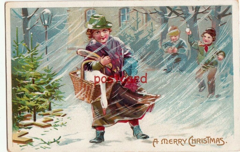 1930 A MERRY CHRISTMAS lady in snow with goose & bread, Tuck, embossed