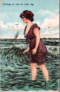 'Going To Sea in Full Rig' Woman Water Ocean Boating c1907 Antique Postcard D40