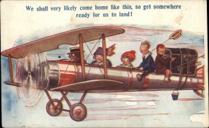 Pioneer Aviation Comic Children Riding on Early Airplane Vintage Postcard