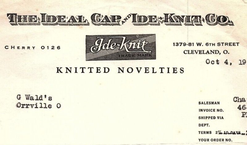 1939 THE IDEAL CAP AND IDE KNIT CO CLEVELAND OH NOVELTIES BILLHEAD INVOICE Z2290