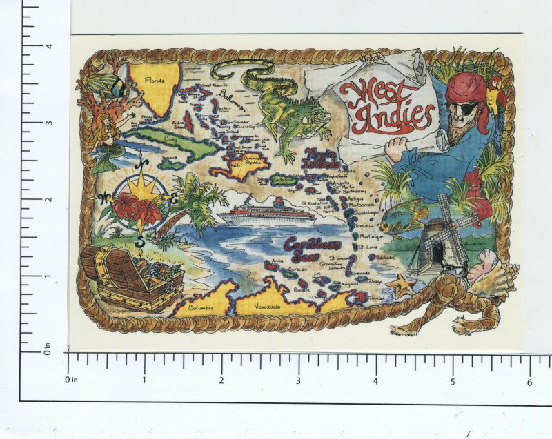 West Indies Map-Style Postcard 1980s/1990s