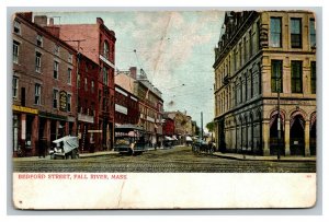 Vintage 1910's Postcard Trolley & Buggy Bedford Street Fall River Massachusetts