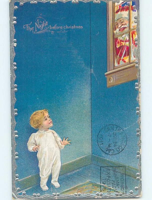 Pre-Linen christmas BOY SEES SANTA CLAUS THROUGH THE WINDOW hk9289