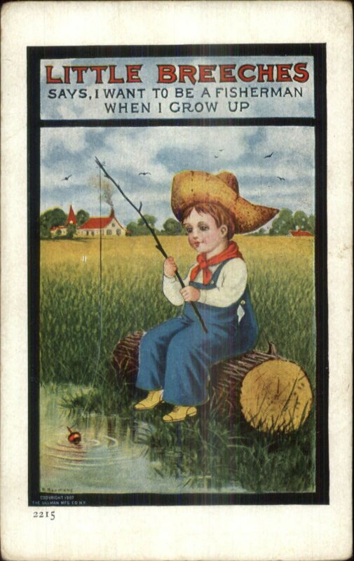 Little Breeches Series Boy in Overalls Fishing c1910 Postcard