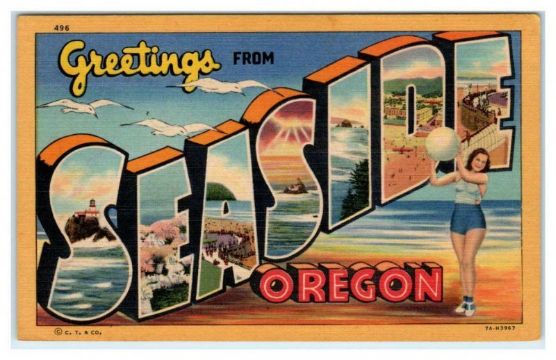 Large Letter Linen SEASIDE, Oregon OR ~ 1940s Curteich Clatsop County Postcard