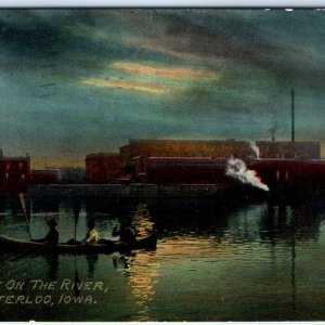 c1910s Waterloo IA Night Moonlight on River  Canoe Photo Lith Postcard A63