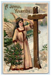 1911 Joyful Yuletide Pretty Angel Cross Winter Snow Christmas Tree Postcard 