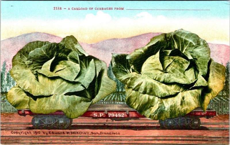 3~ca1910's Mitchell Exaggeration Postcards LEMON~CABBAGE~BLACKBERRIES Train Cars