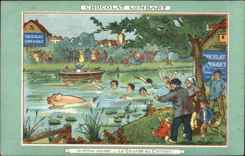 Chocolate Chocolat Lombard Paris Swimming w/ Pig in River c1910 Postcard