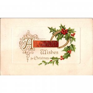 Original Vintage 1911CHRISTMAS Postcard Embossed Holly Horseshoe