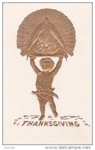 Thanksgivng, Boy holding up a wild turkey, gold detail, 00-10s