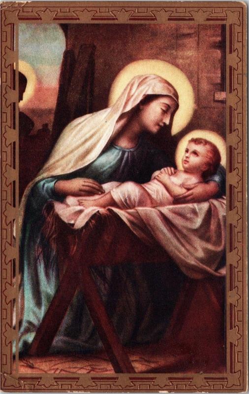 postcard - Mary with Baby Jesus in Manger nativity - Posted 1923 from Newark OH